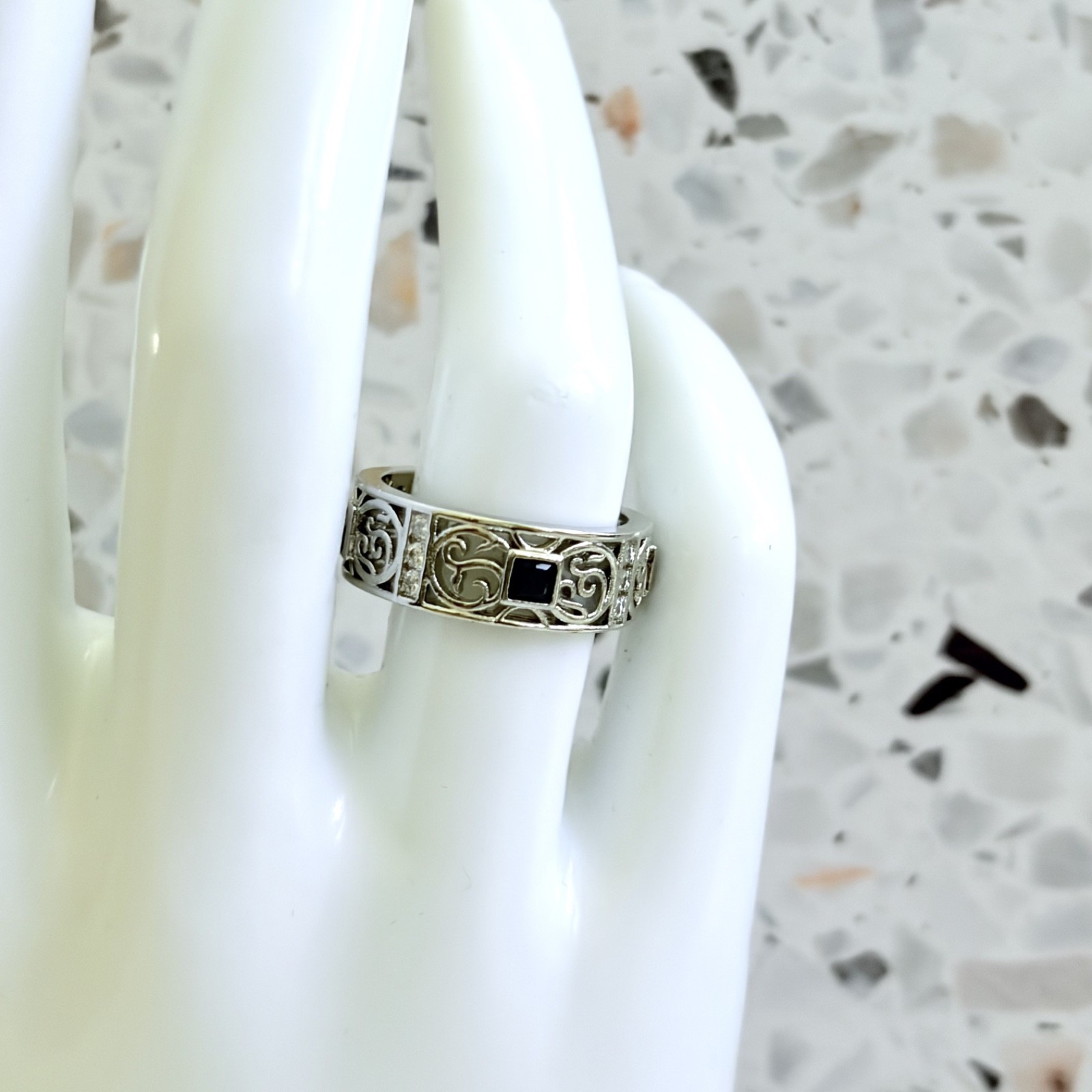 14k Gold 925 Sterling Simulated Sapphire Princess Cut Scrollwork Women’s Ring