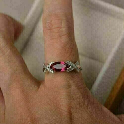Marquise Simulated Pink Ruby Stunning Engagement Band Ring 14K White Gold Plated
