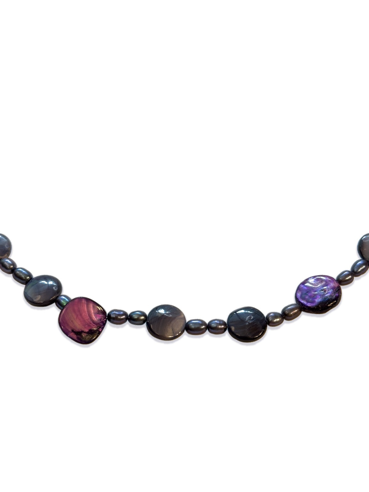Pearl and Shell Beaded Blue and Purple Iridescent Necklace 24.25”