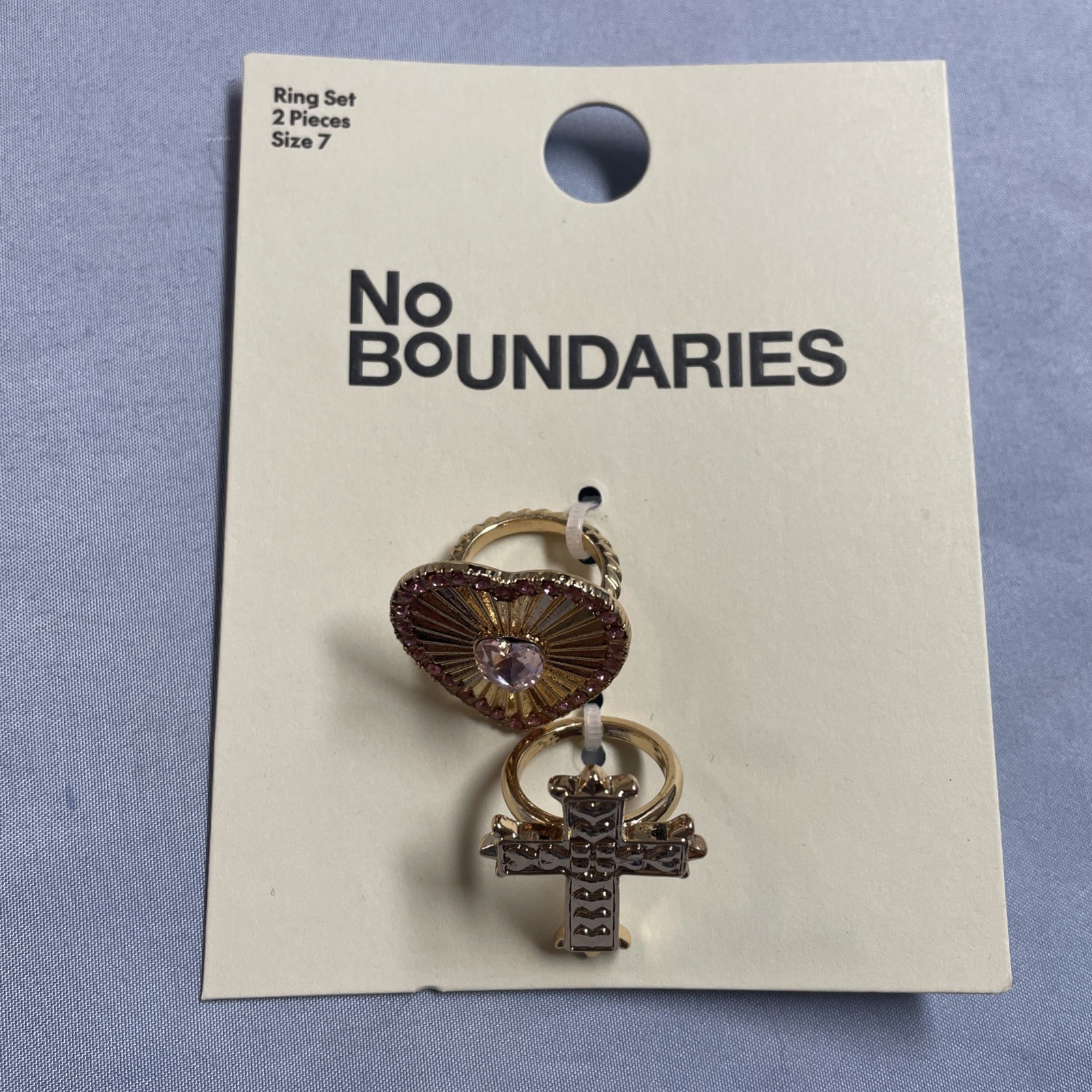 No Boundaries Gold Toned Heart and Cross Ring Set Size 7
