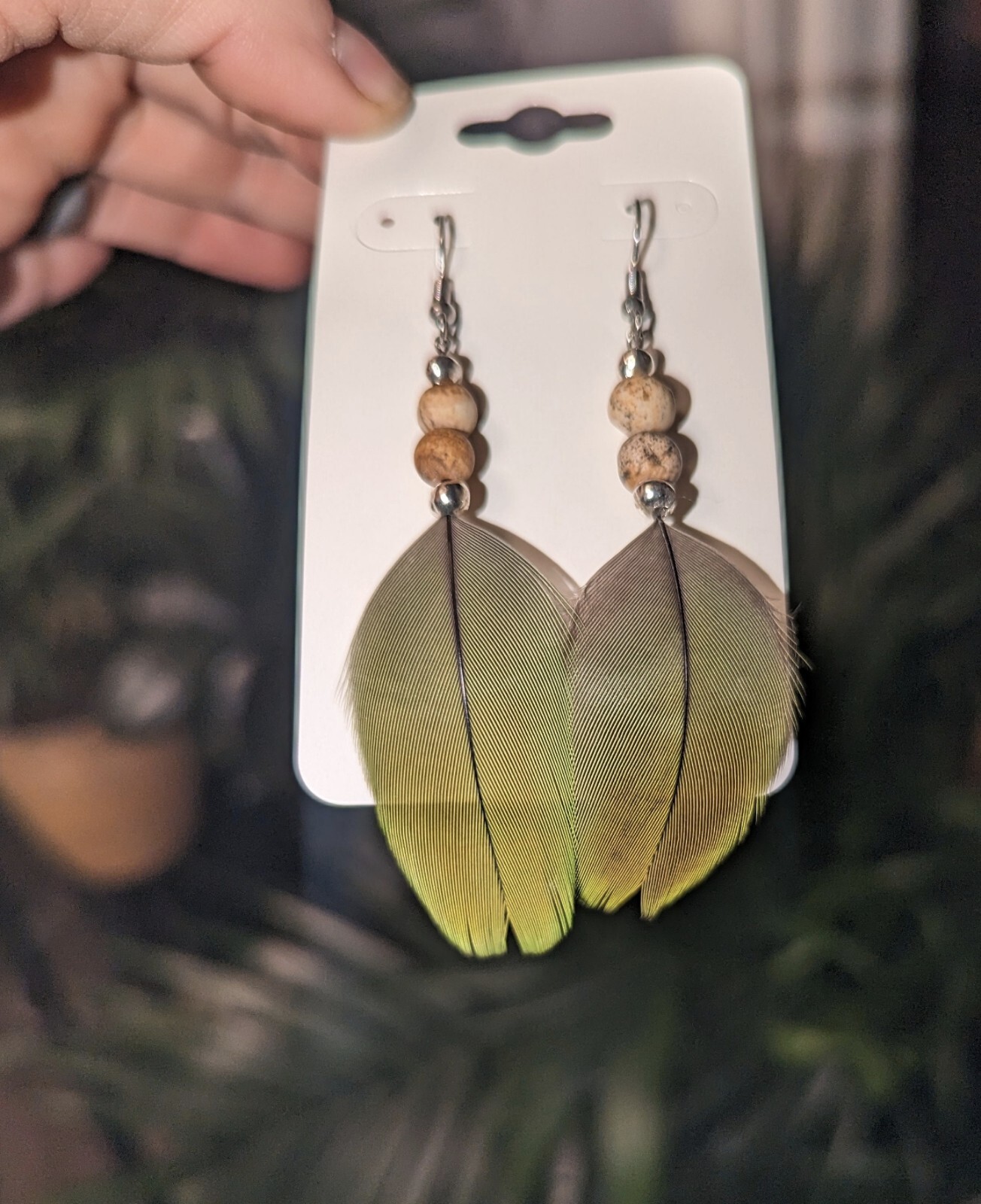 Macaw Parrot Feather Earrings Naturally Sourced- Noe Harm Farm Animal Sanctuary