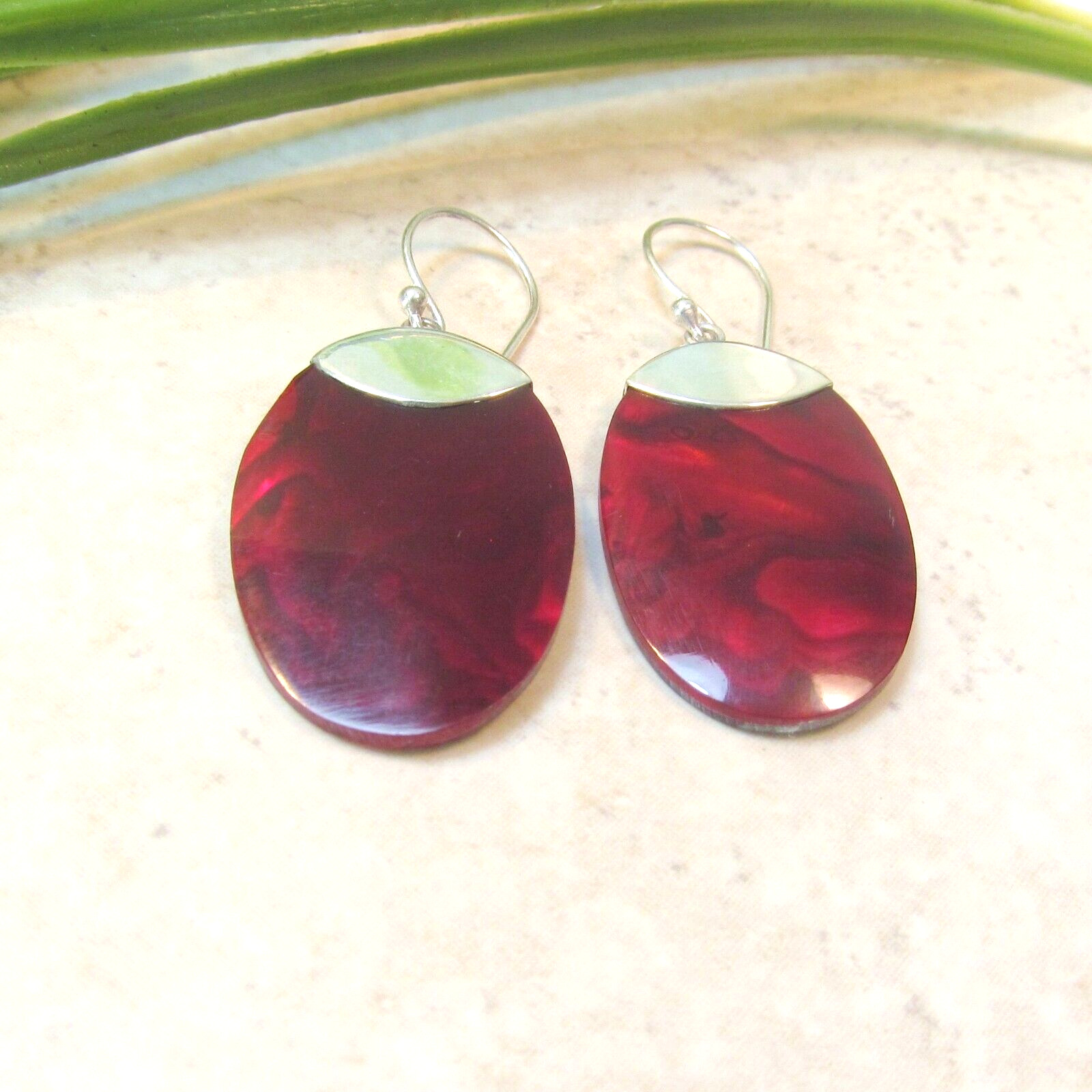 Red Oval Abalone Paua Shell Handmade 925 Sterling Silver Earring NEW DESIGN!
