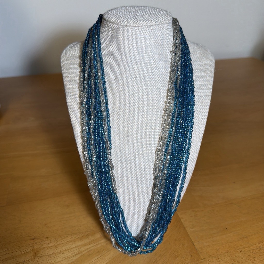 Vintage Blue & Clear Glass Beaded Multi-Strand Necklace 25”