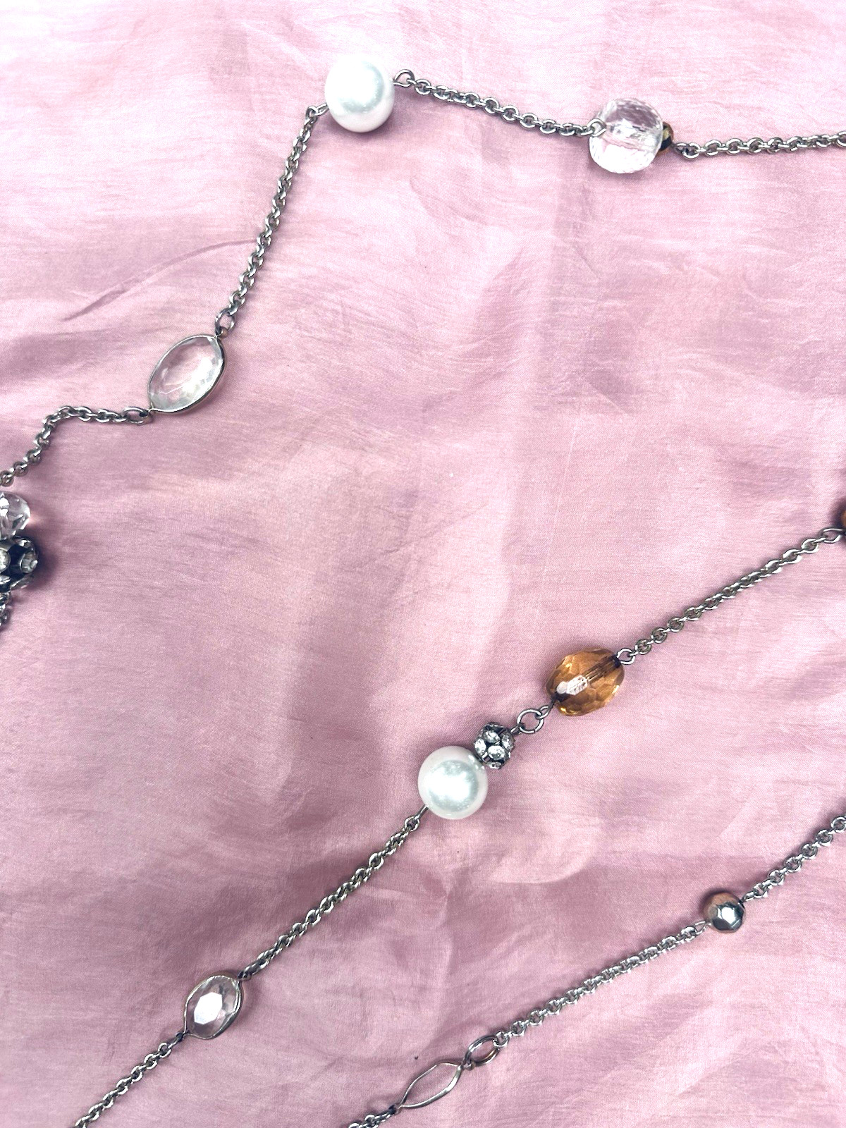 Silver Tone Vintage Style 72” Pearl Clear Crysta Station Necklace Hammered Link
