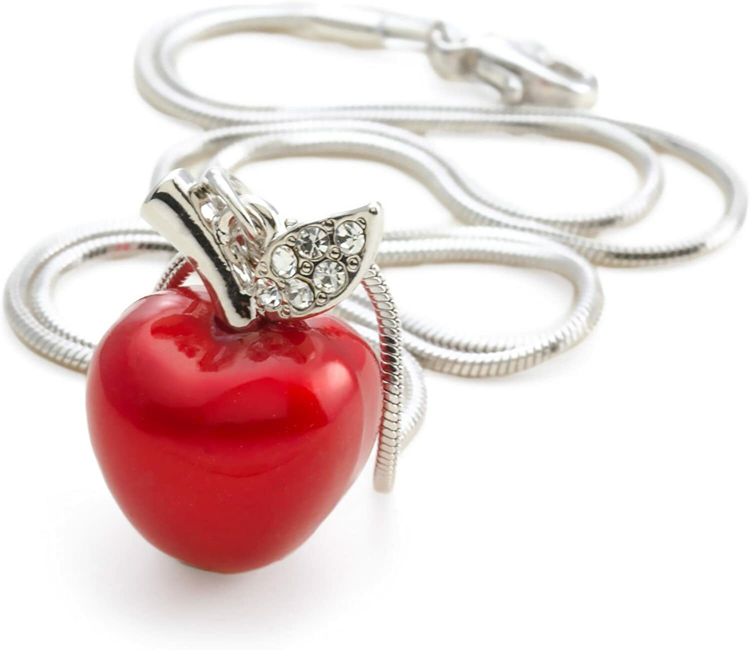 White Gold Plated Candy Red Apple Epoxy and Crystal Pendant Charm Necklace