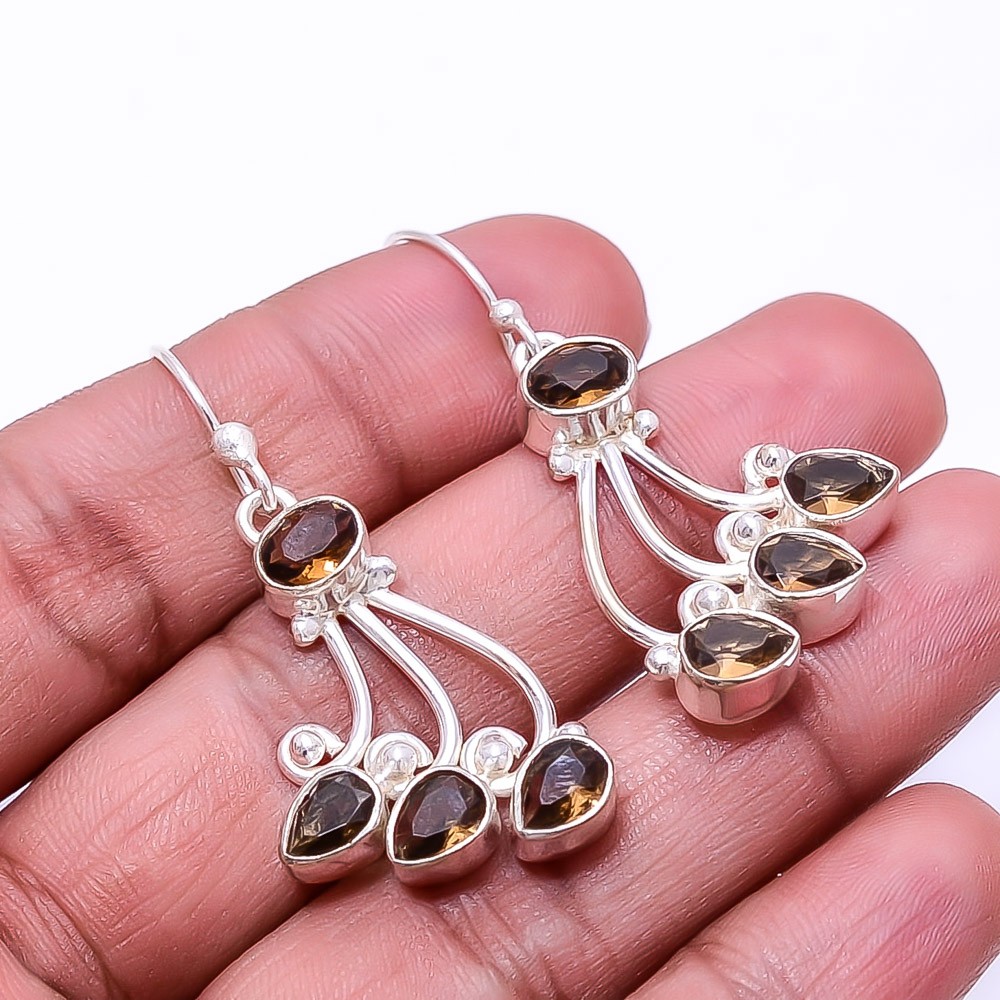 Smokey Multi Collet 925 Sterling Silver Earring 1.68″ E3, Christmas Gift
