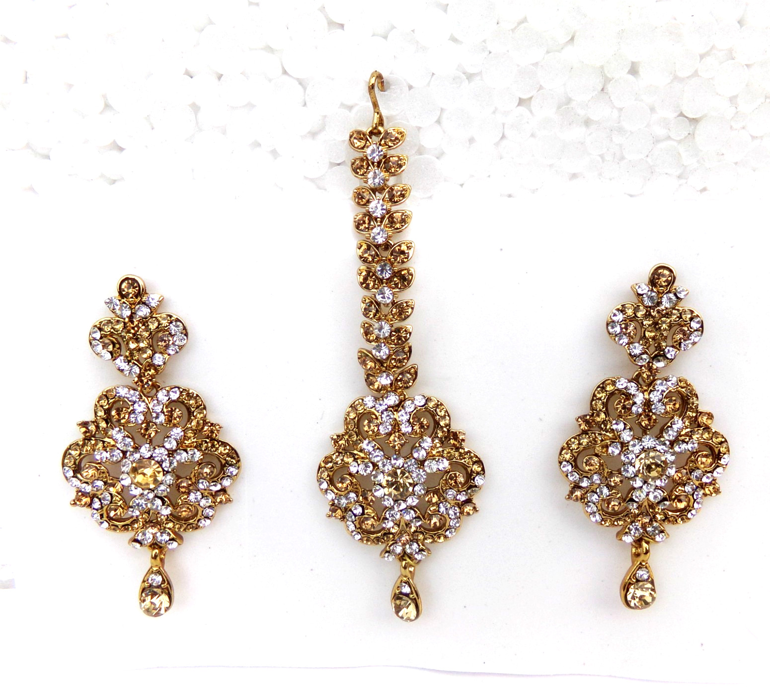 Bollywood Wedding Jewelry Ethnic Gold Tone Indian Kundan Long Earrings Tikka Set