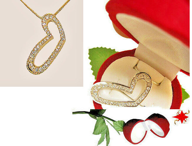 Rose Gift Box CZ heart necklace 18kt yellow gold or silver pendant