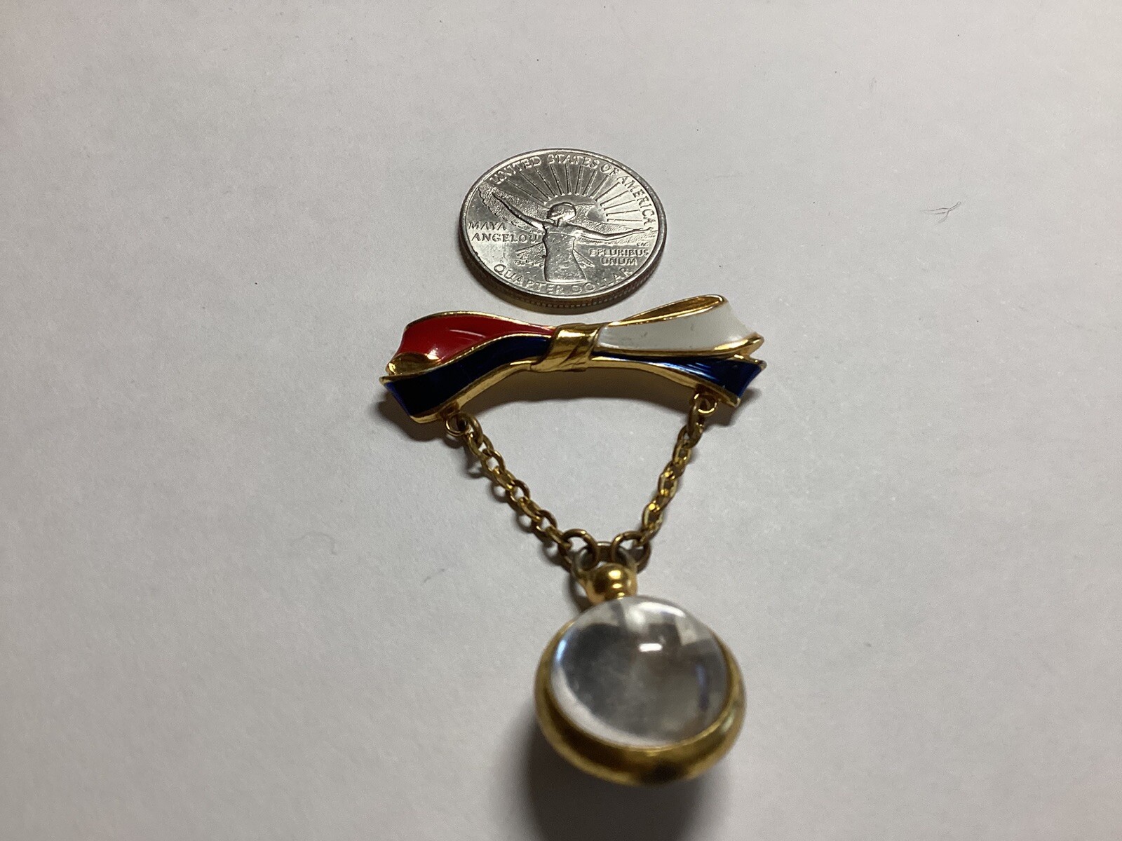 Red White Blue Gold Tone Bow Pin With Dangling Orb Bubble Photo Vtg. Free Ship
