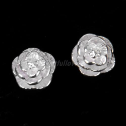 Pretty New Sterling Silver Plated Nicely Textured 3D Flower Stud Post Earrings