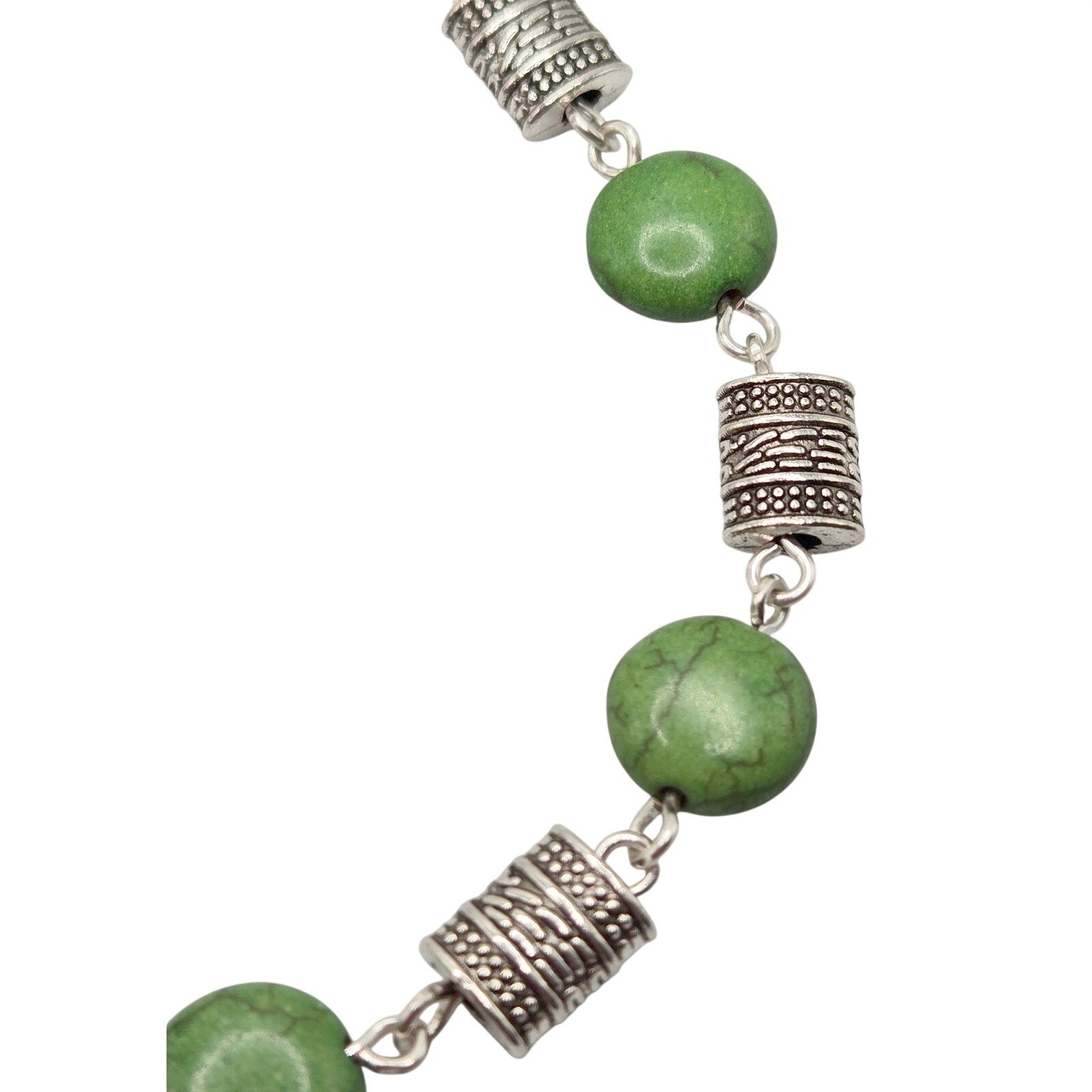Handmade Boho Chic Bracelet Green Turquoise & Silver Barrel Link Art to Wear