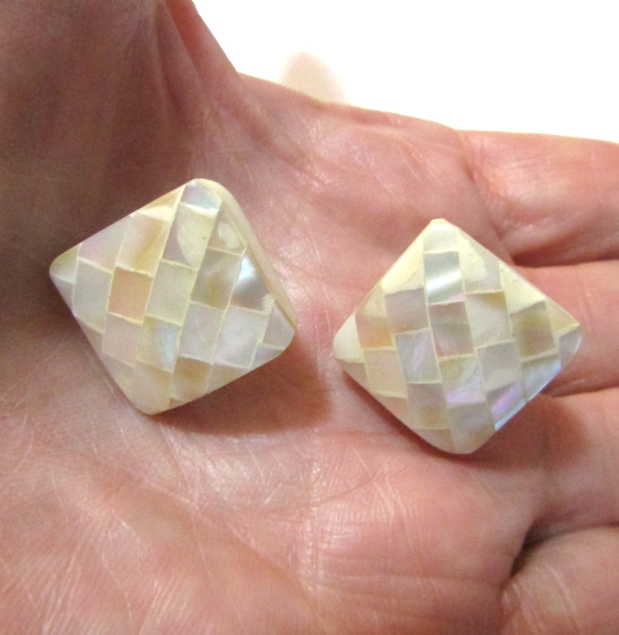 Mosaic Mother Of Pearl Shell Inlaid Stud Earrings .75 Square