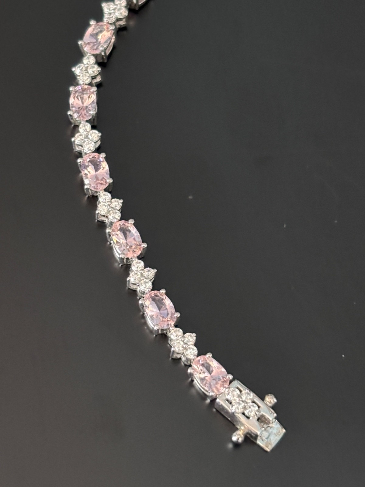 925 Sterling Silver Bracelet Oval Pink Ice & Round Clear Cubic Zirconia 7.5″