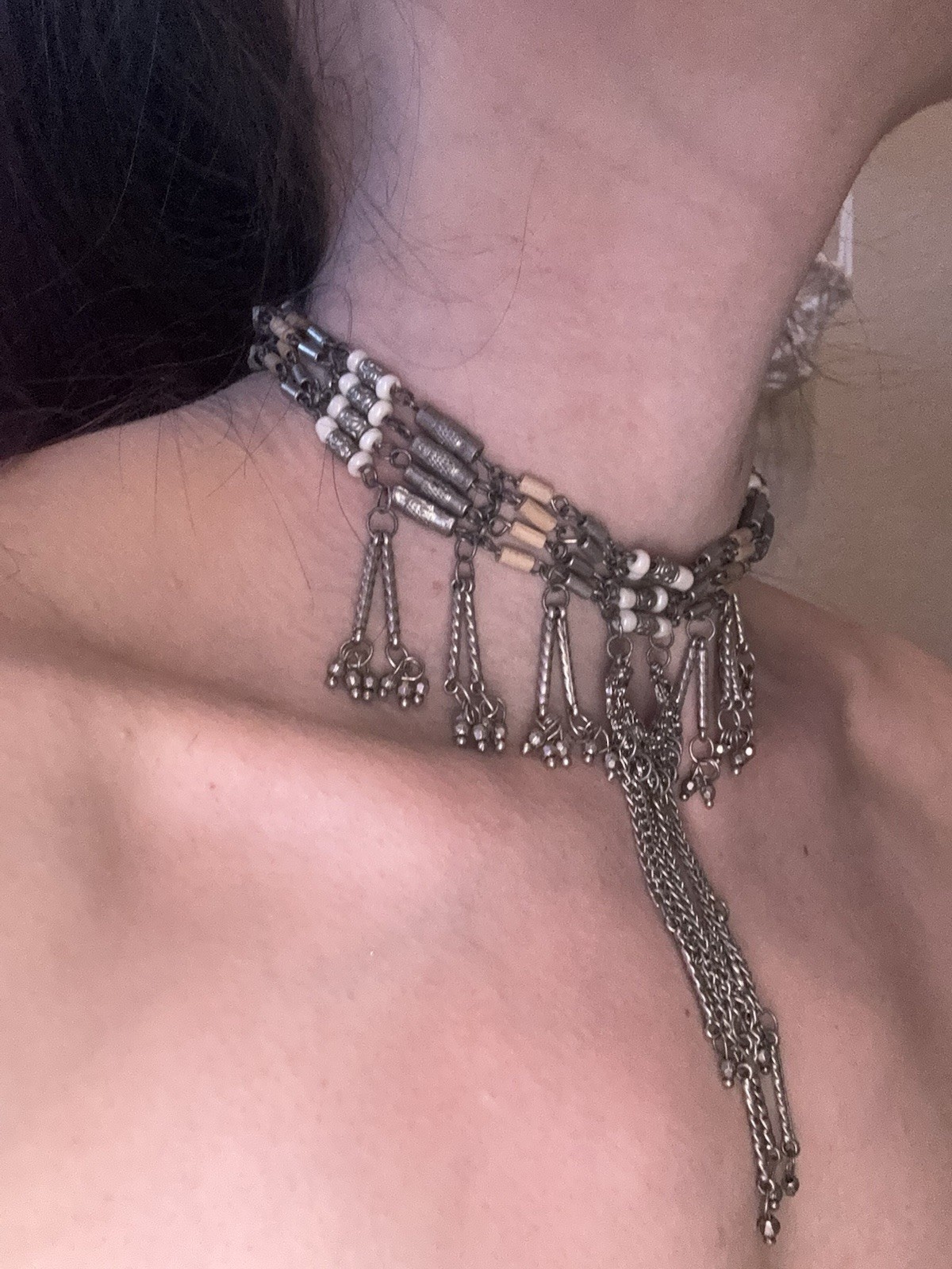 Silver Tone Boho Multi-Strand Beaded Choker Adjustable Cable Chain Charm Fringe