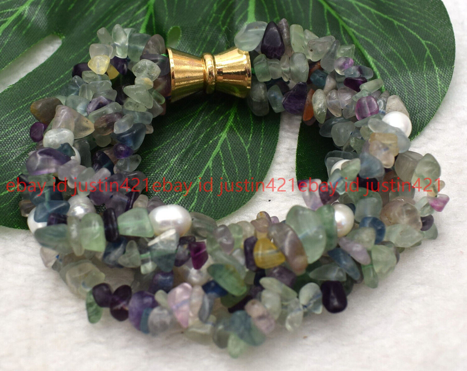 6 Rows 5-8mm Natural Fluorite Chip Gems Natural 7-8mm White Pearl Bracelet 7-9”