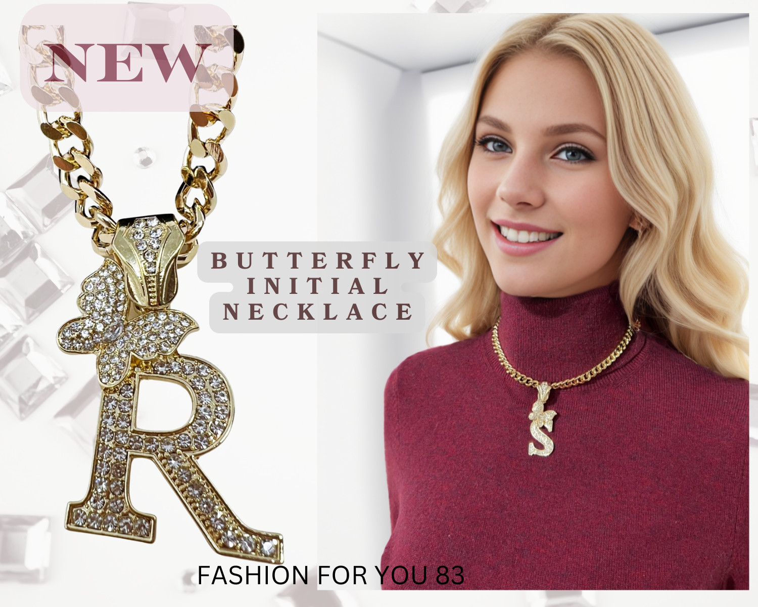 Butterfly Initial Letter Name Alphabet Pendant 18″,20″,24″ Cuban Chain Necklace