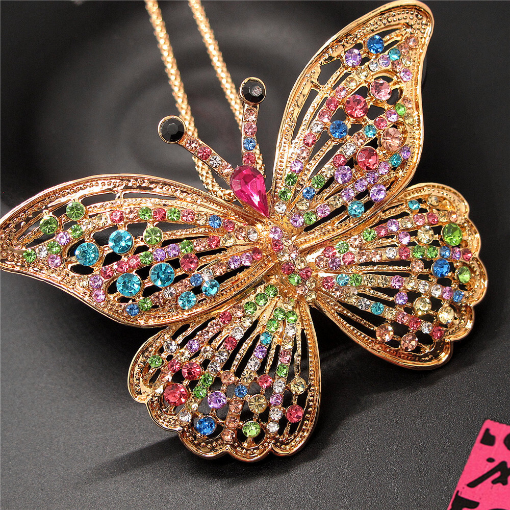 Fashion Women Colorful Rhinestone Insect Butterfly Crystal Chain Necklace