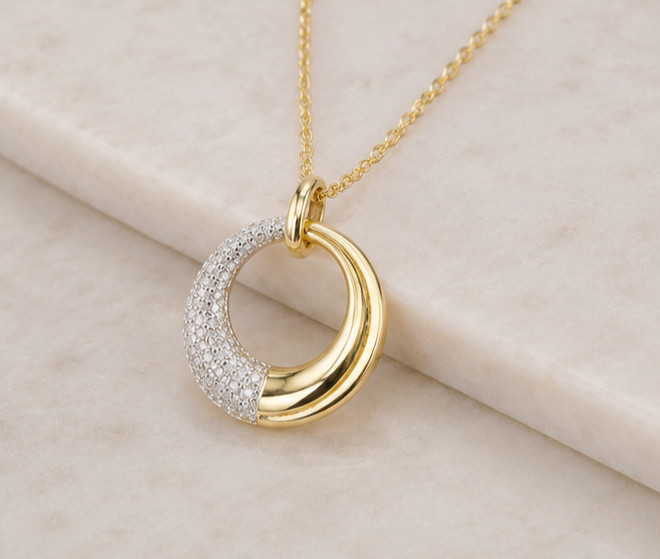 1.00Ct Simulated Diamond Two-Tone Circle Pendant Necklace 14K Yellow Gold Plated
