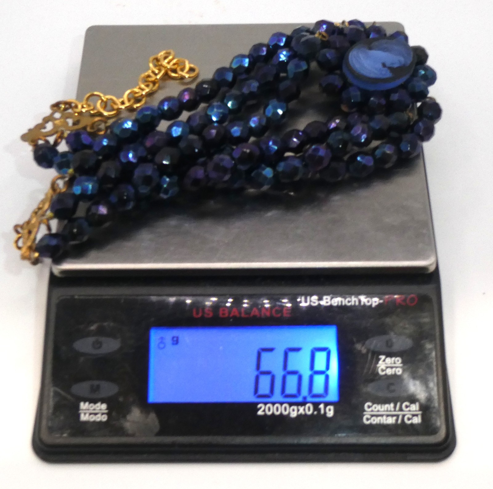 Vtg Glass Cameo 3 Strand Choker Necklace Peacock Black Blue Glass Faceted Beads