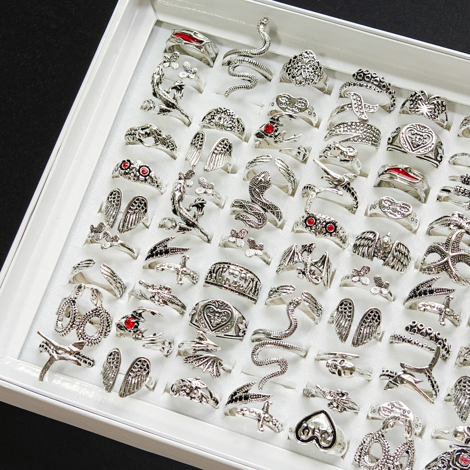 Bulk Lot 25/50pcs Gothic Y2K Rings Mix Design Silver Tone Open Animals Punk Gift