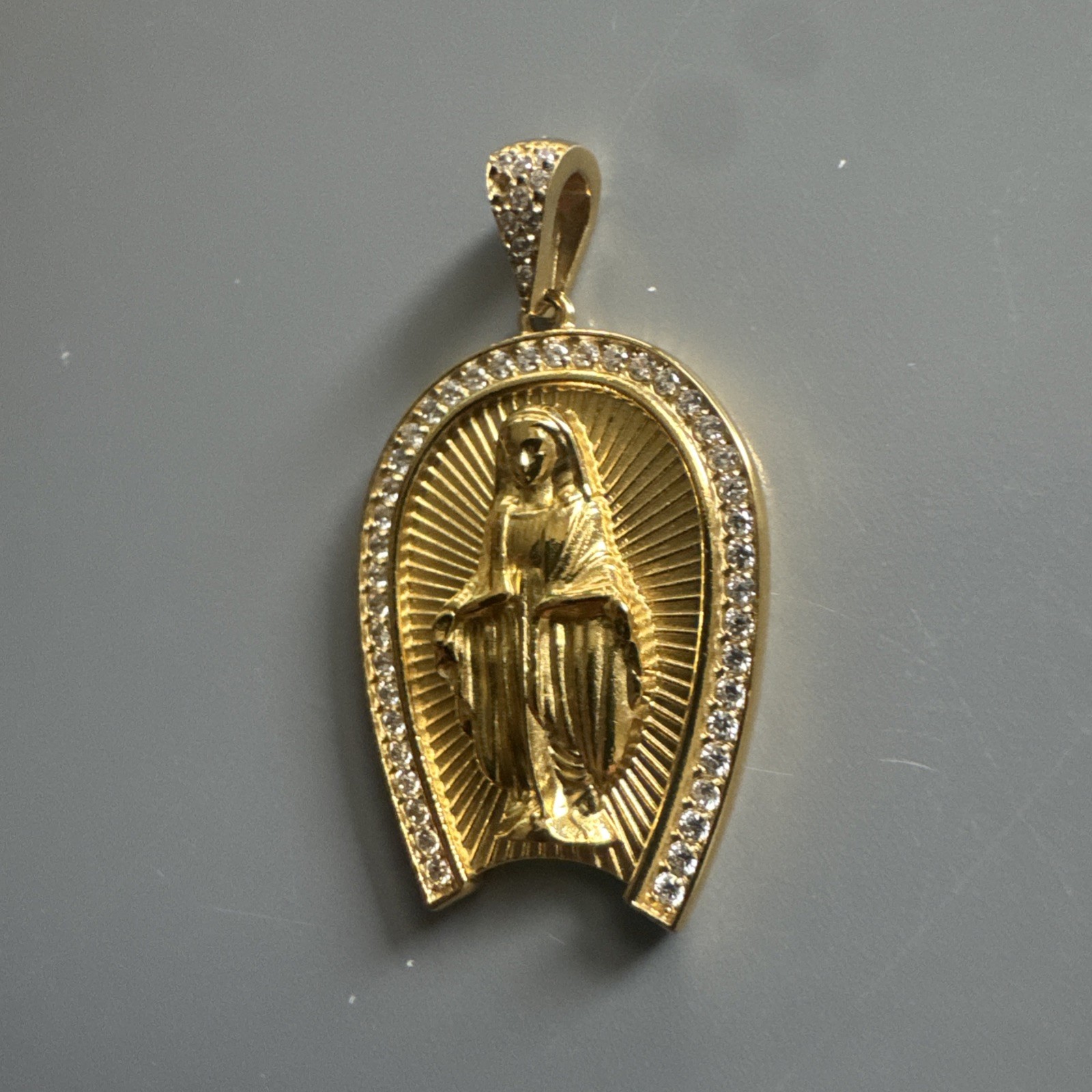 Gold Plated Virgin Mary Stainless Steel Pendant Jesus Cubic Zirconia 24” Chain