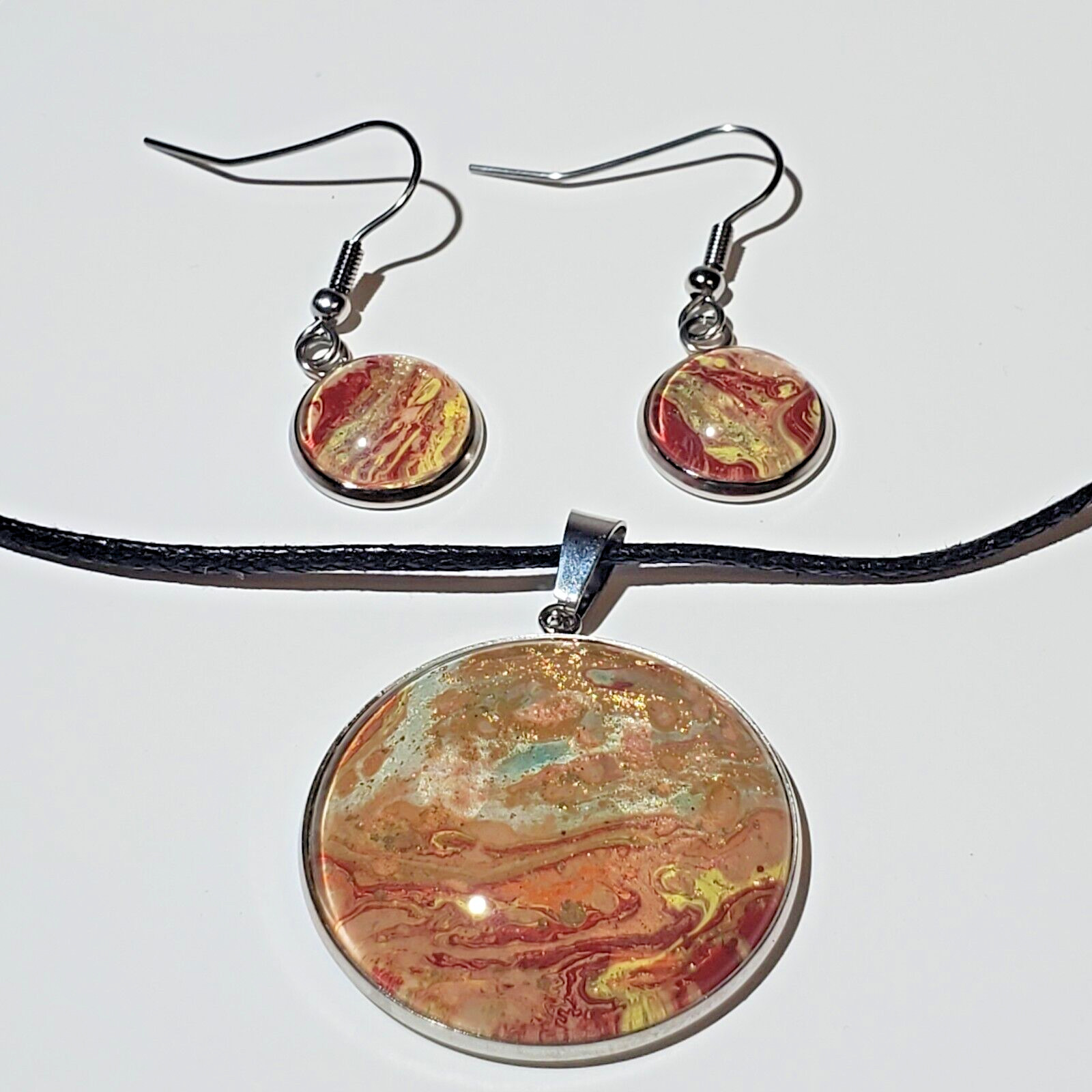 Necklace and Earrings Set, Handmade Acrylic Paint Pour Painting Jewelry, A2