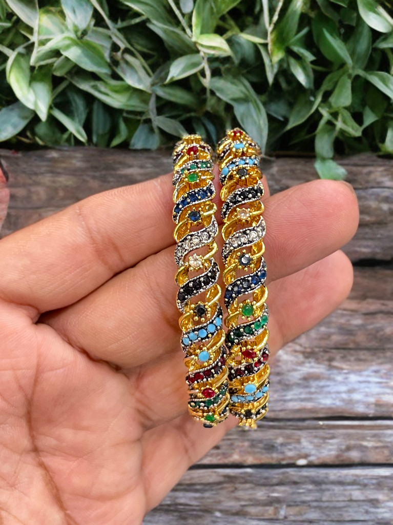 2 Pc Gold Plated Navratna Bangles Multicolor Stones Indian Traditional Bracelets
