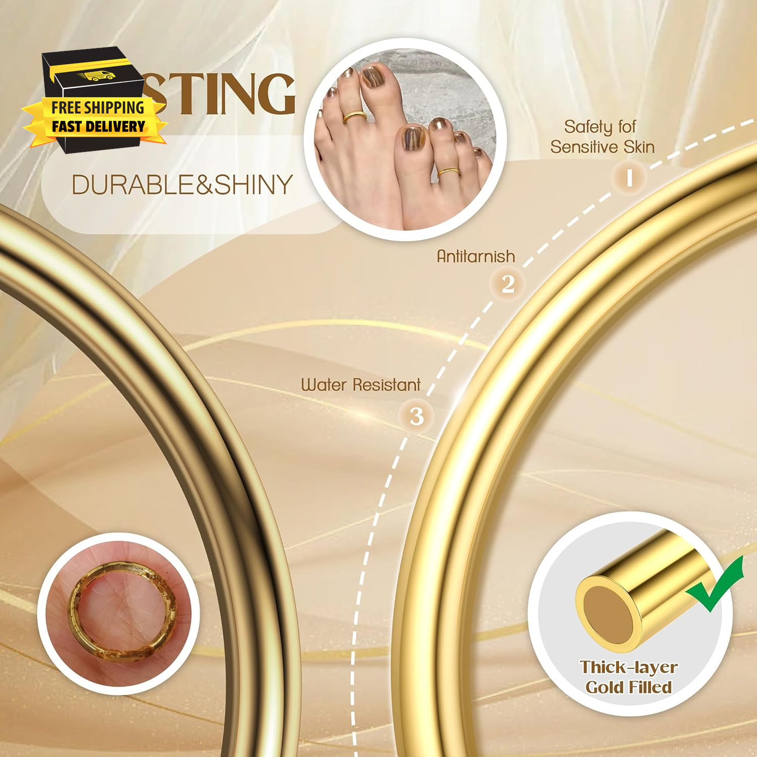 14K Gold Plated Toe Rings Adjustable Open Toe Rings Cubic Zirconia Band Toe Ring