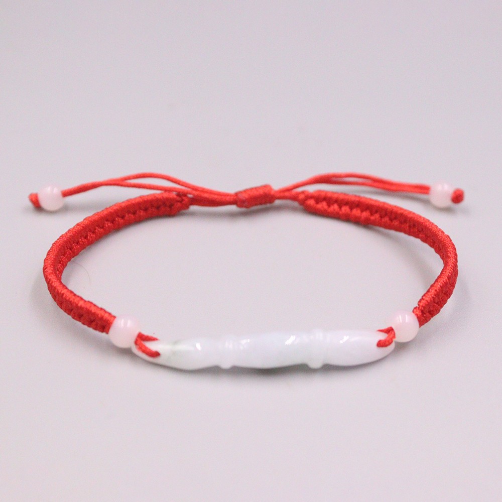 Natural Grade A Jade Bamboo-Long Bead Red Cord Knitted Bracelet 15-16.5cm
