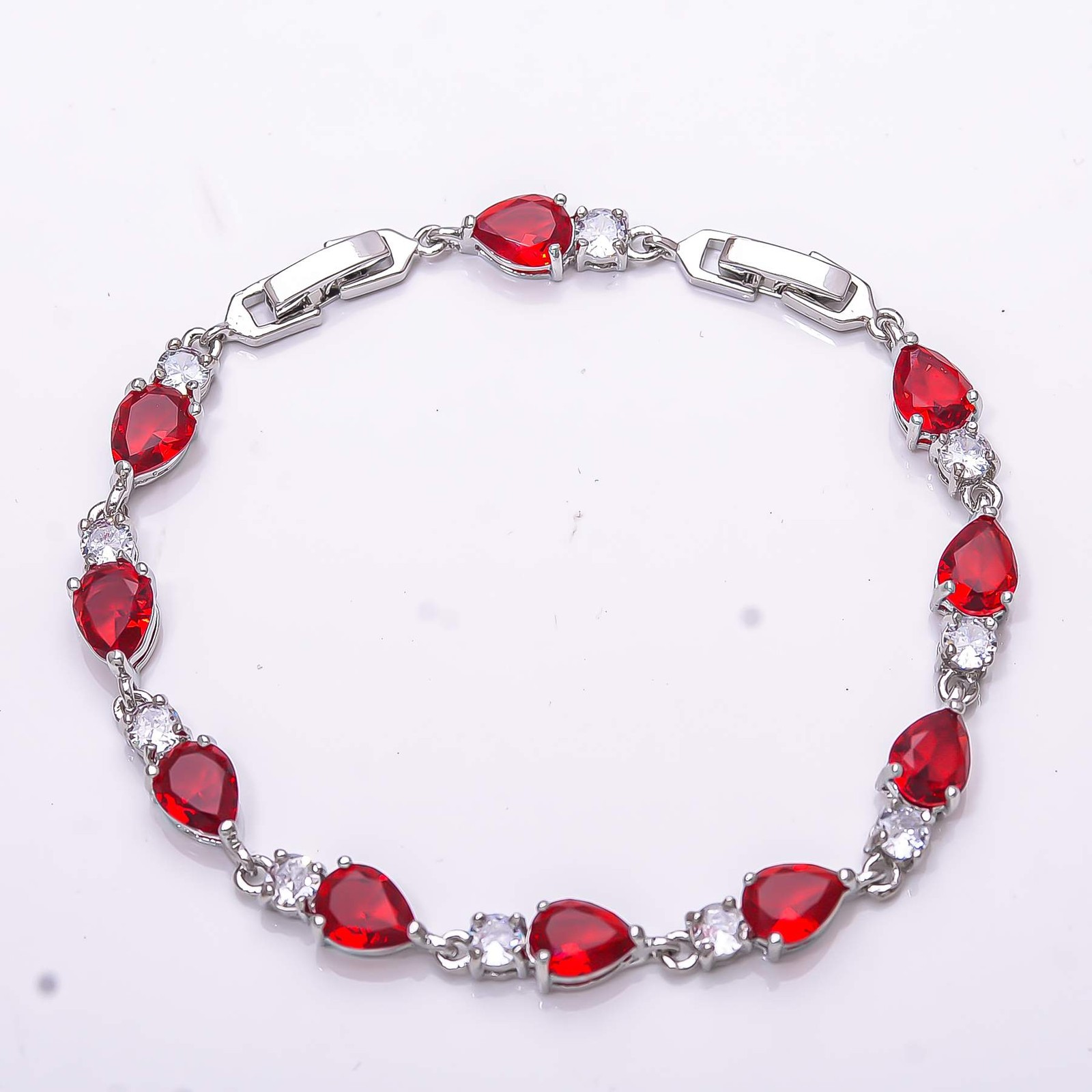 Red Garnet & Cubic Zirconia 925 Sterling Silver Tennis Bracelet 7.99″ B12