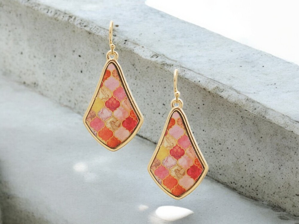 Geometric Printed Wood Moroccan Lozenge Shaped Earrings ~ NEW!
