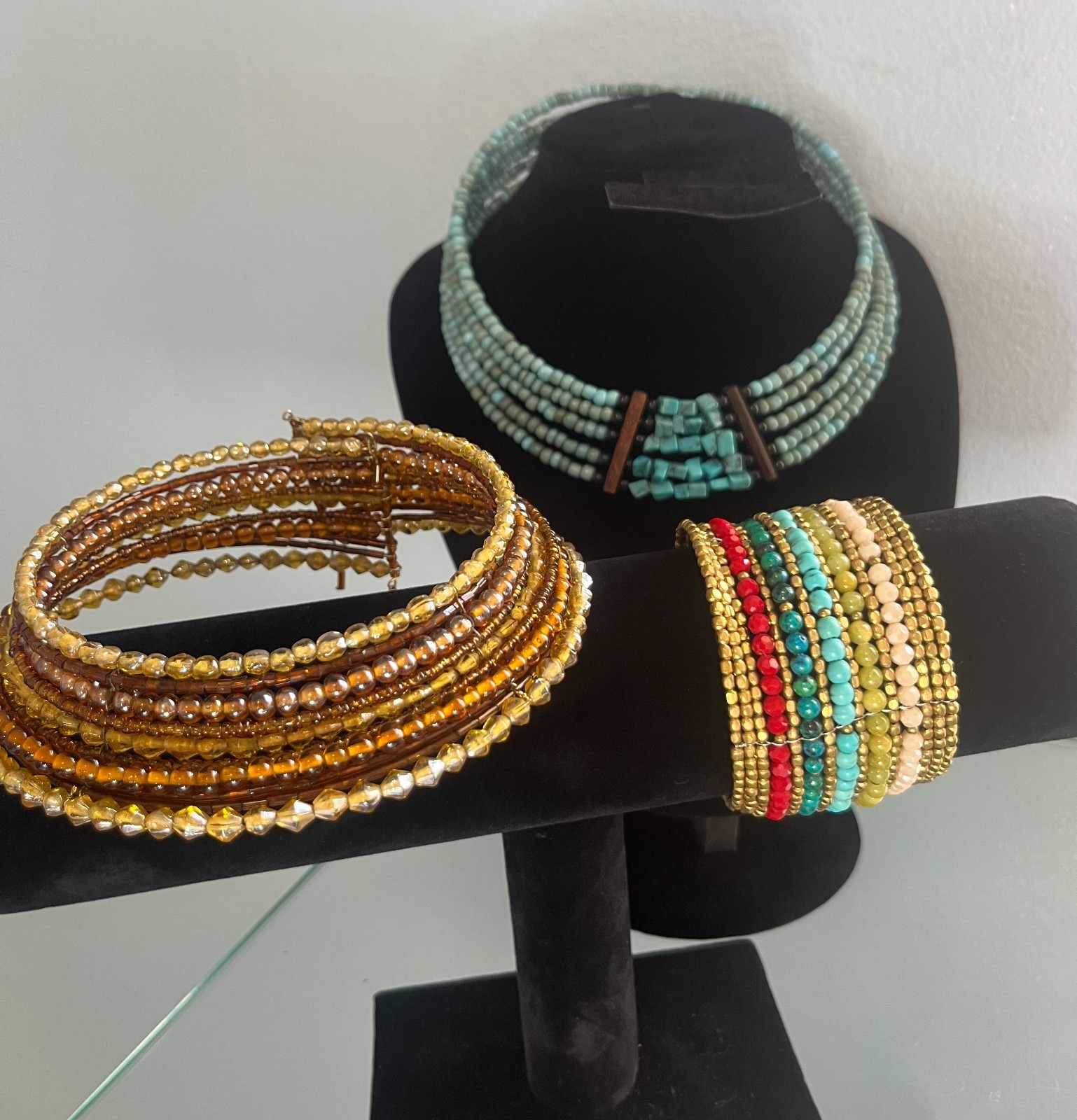Choker Beaded Necklace Cuff Bracelet Set Boho Turquoise Amber Gold Multi Strand