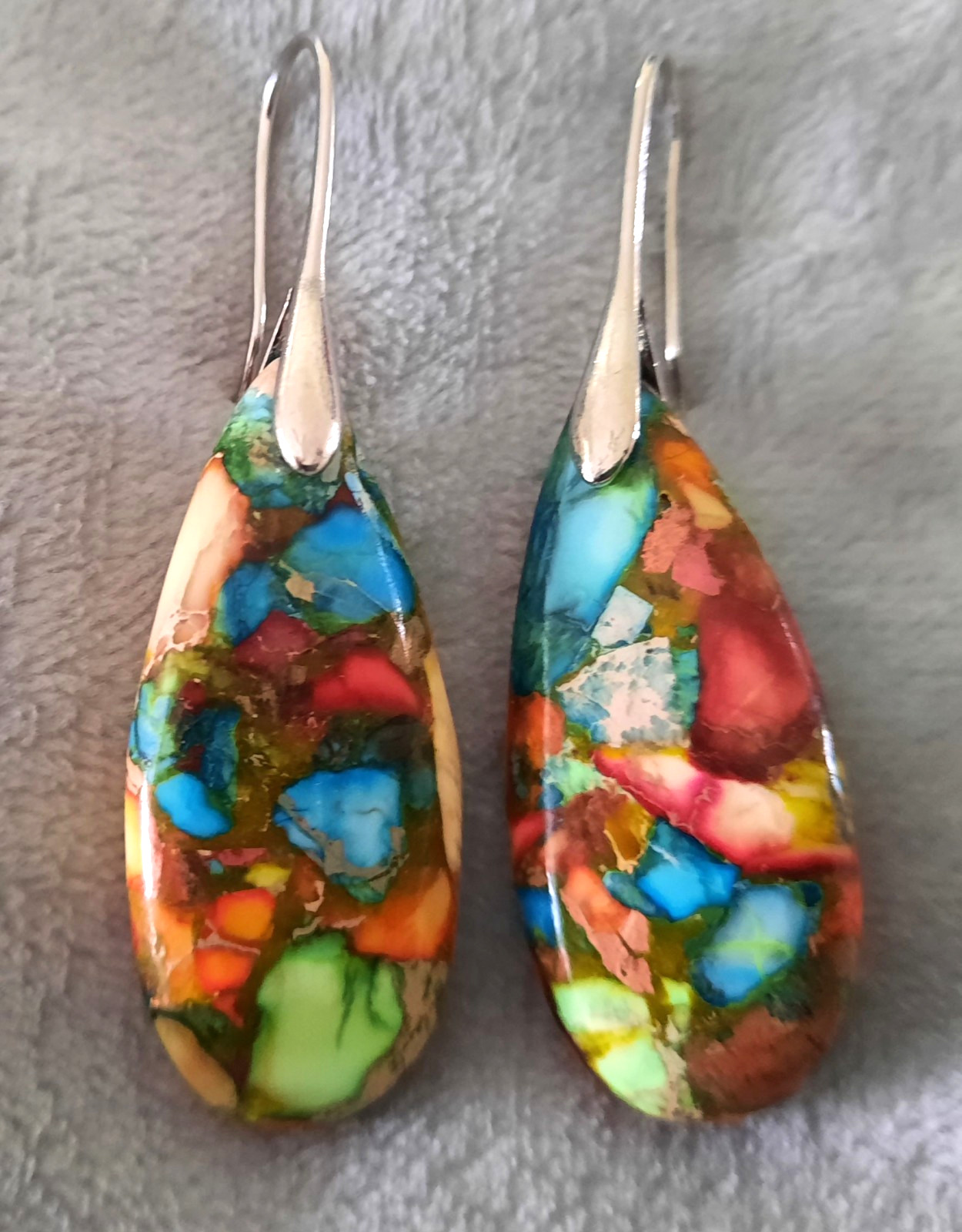 Natural Imperial Jasper Stone Teardrop Dangle Earrings Silver Hook — 2″ NWOT