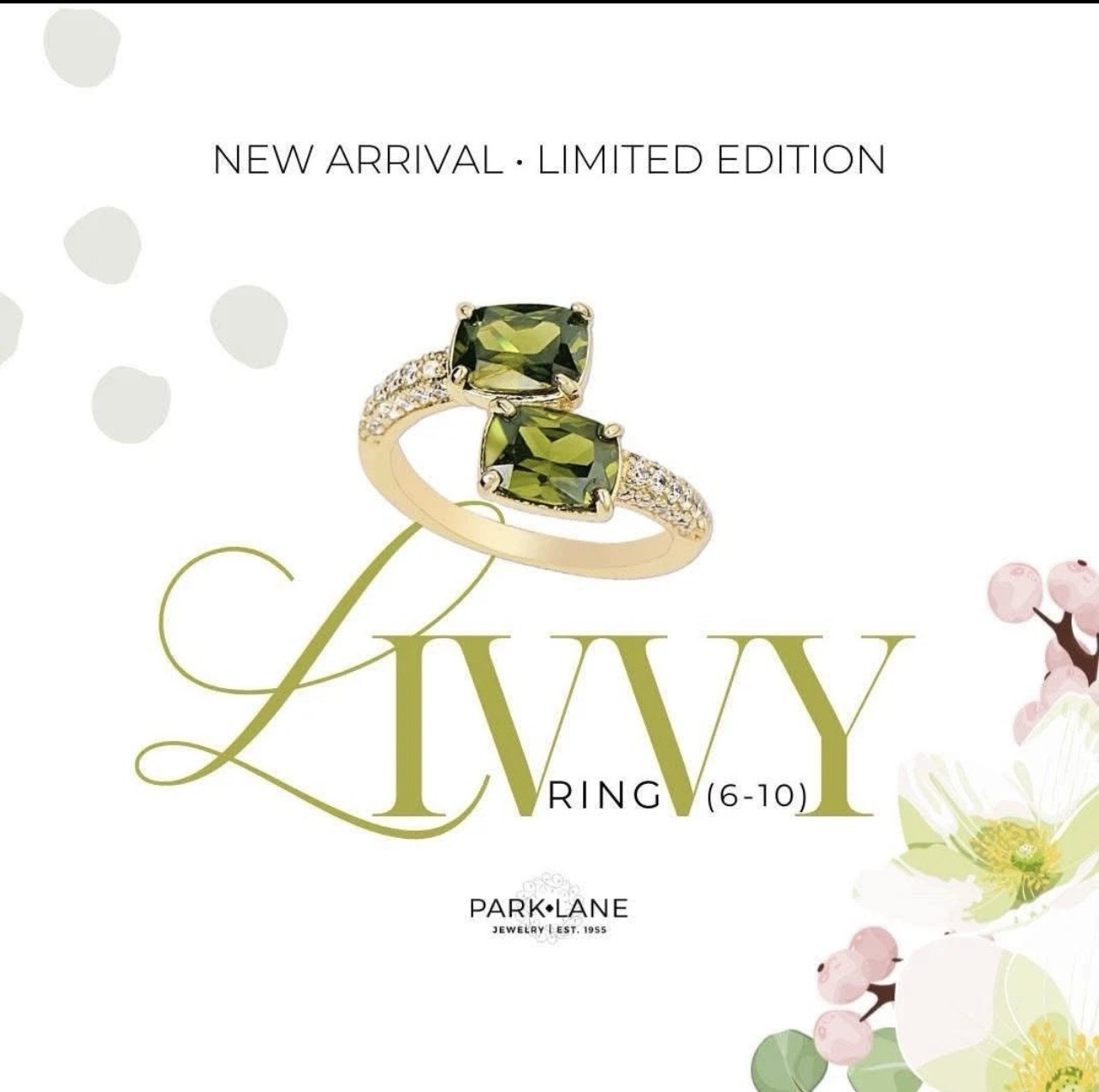 Park Lane Livvy Ring Size 7 Radiant Olive Green 2 CZs Micro-Pave Gold Band BNWT