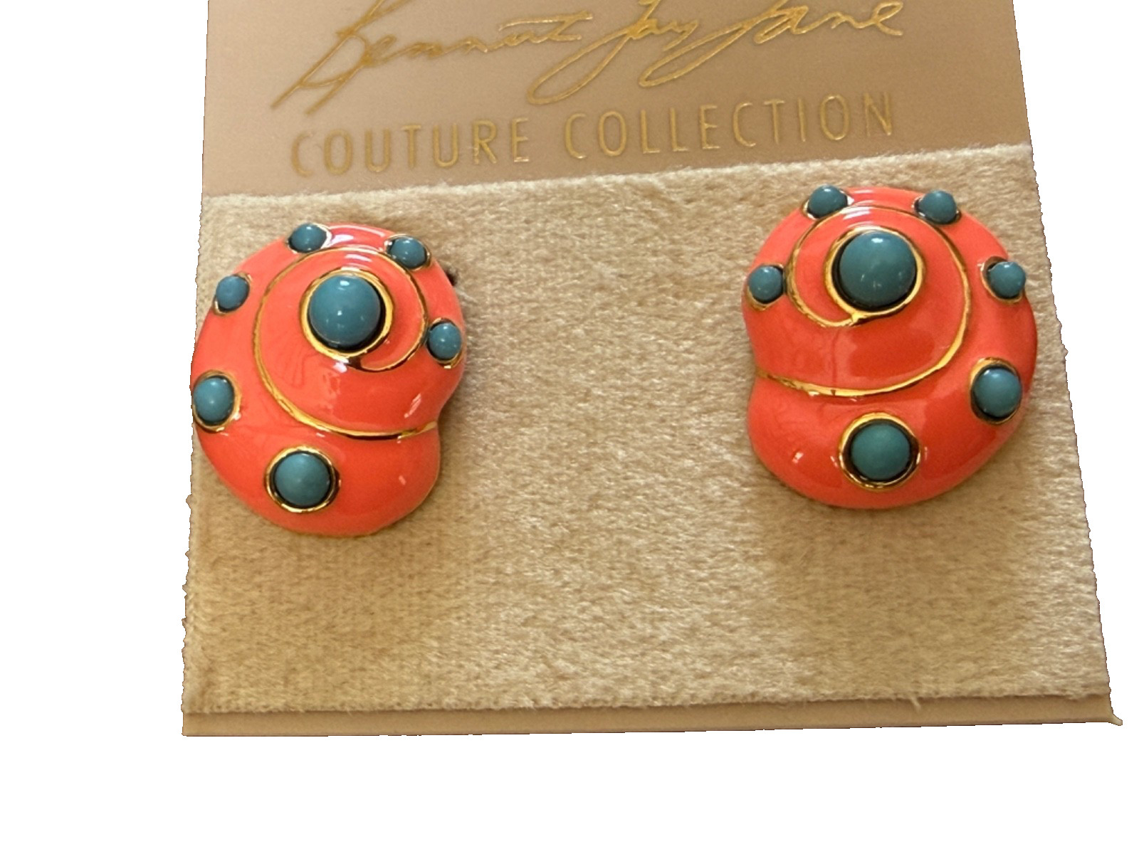 Kenneth Jay Lane gold coral turquoise dots snail shell earrings signed New