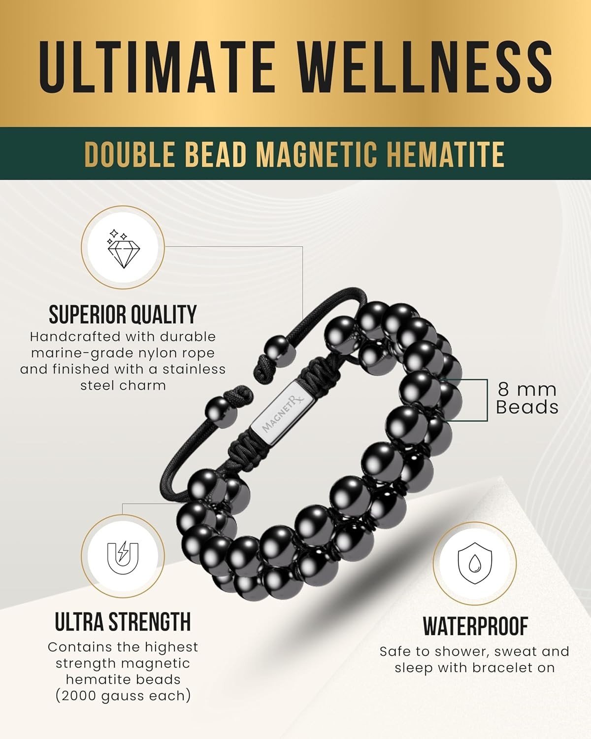 MagnetRX® Magnetic Hematite Bracelet MAX Strength Magnetic Stones Beaded Magnet