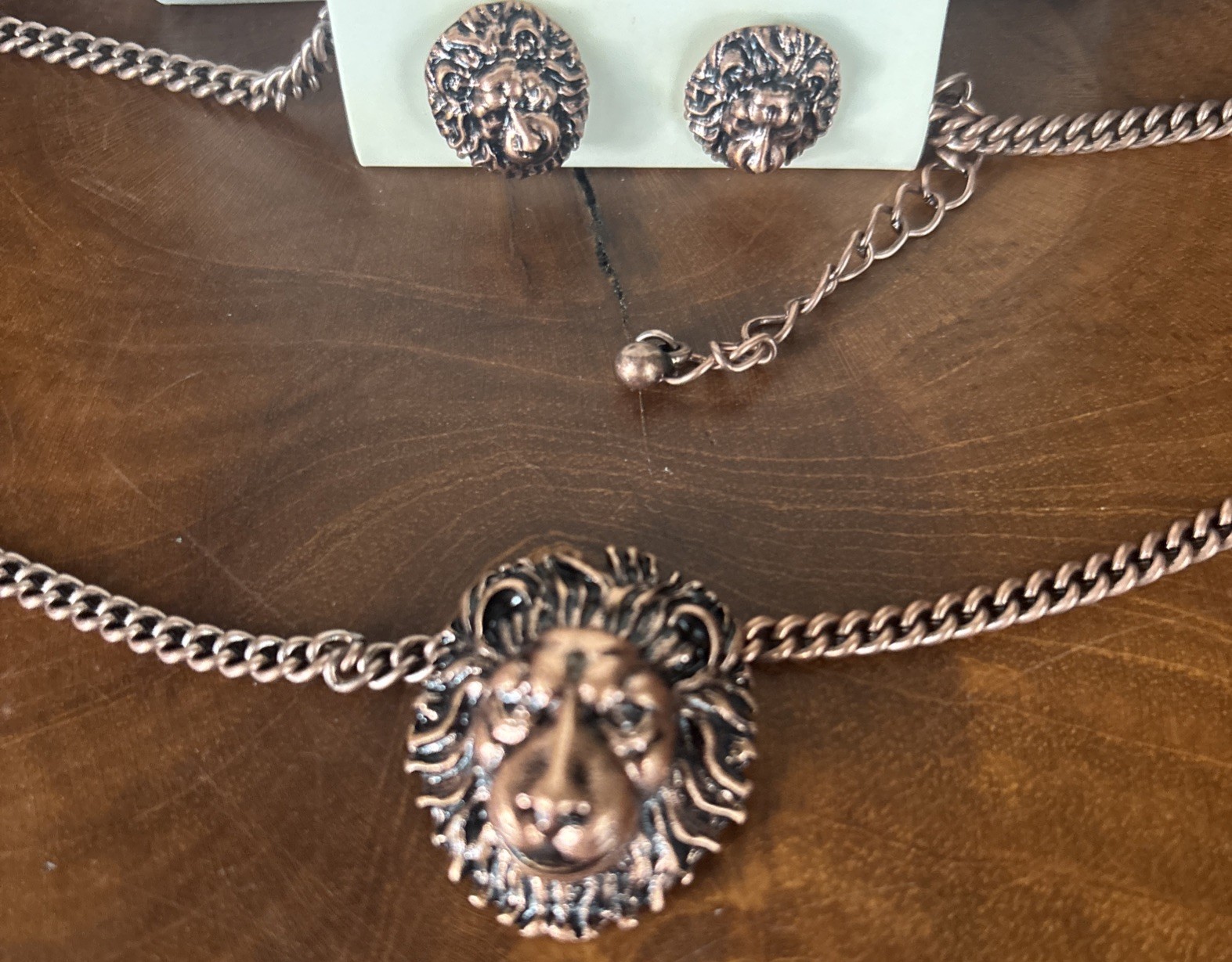 DaVinci Lion Head Bronze Necklace & Earring Set Unique NWT Up To 22” Necklace