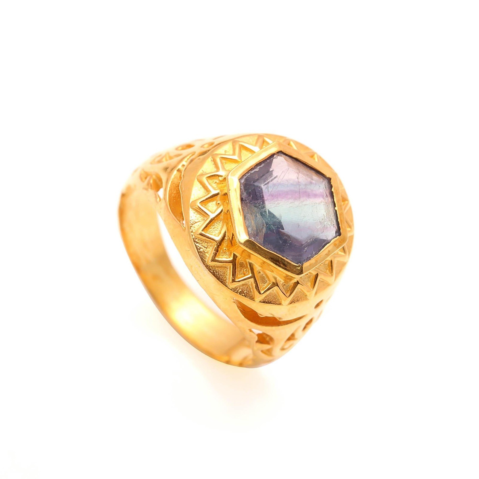 Natural Rainbow Fluorite Hexagon Ring 925 Sterling Silver Gold Filled Jewelry