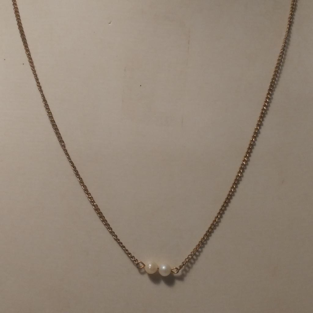 Double Pearl Necklace 3.5mm Pearl Gold Cable Chain Choker Necklace 15″