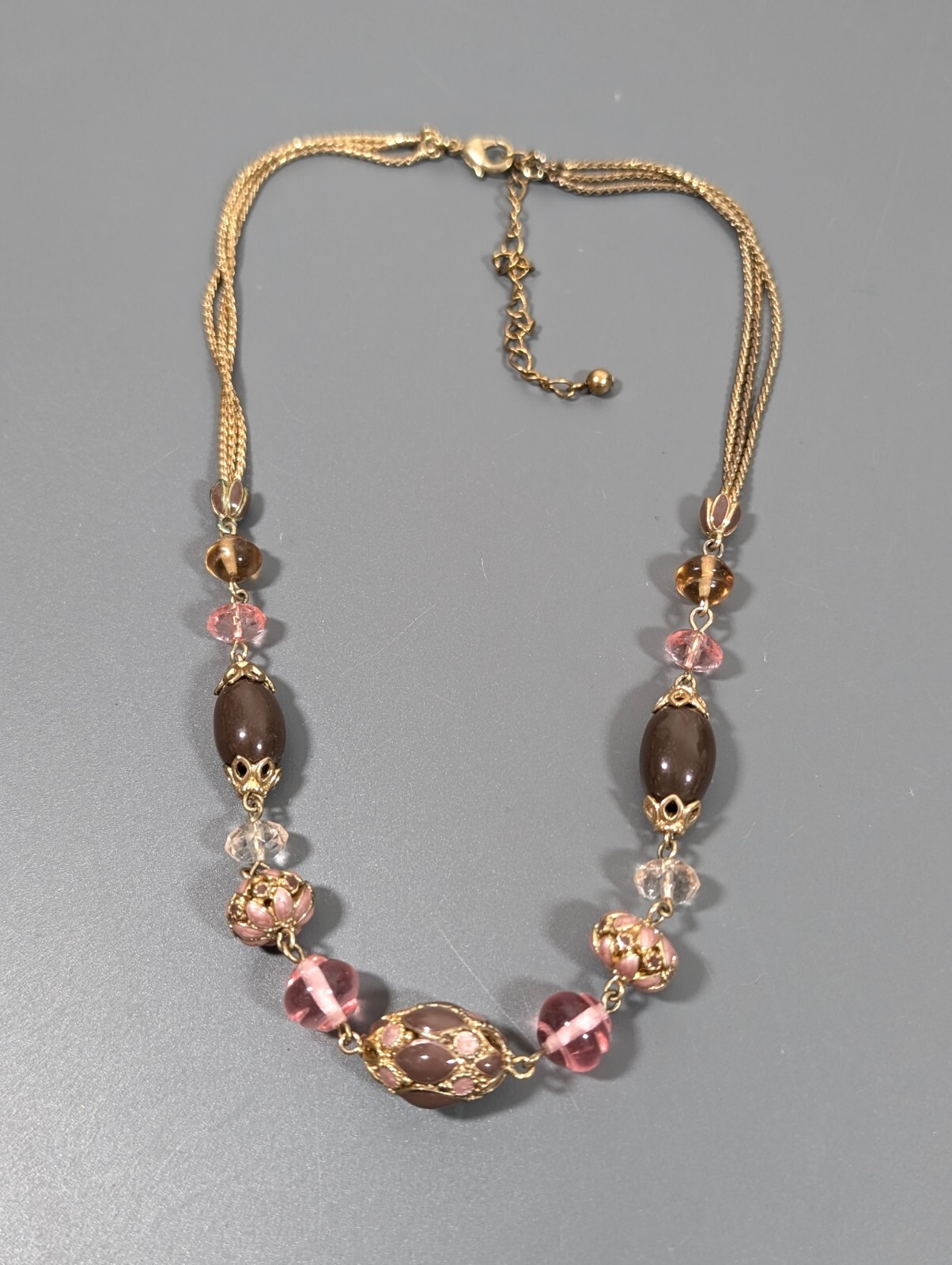 Retro Pink Brown Enamel Egg Bead Triple Chain Neckalce 19 in