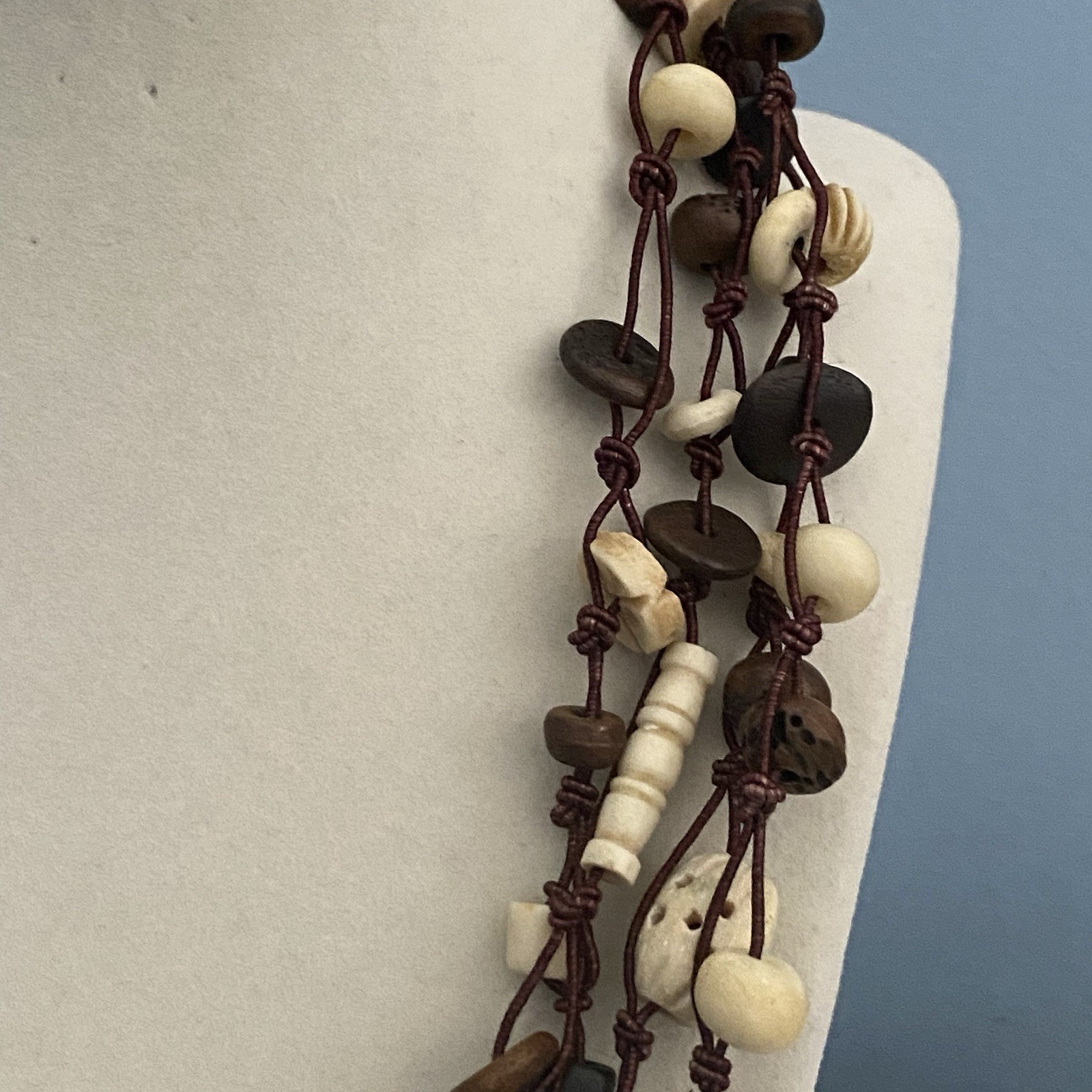 Multi-Strand Bead Necklace Collar Brown Cream Boho Tribal Chunky Layered