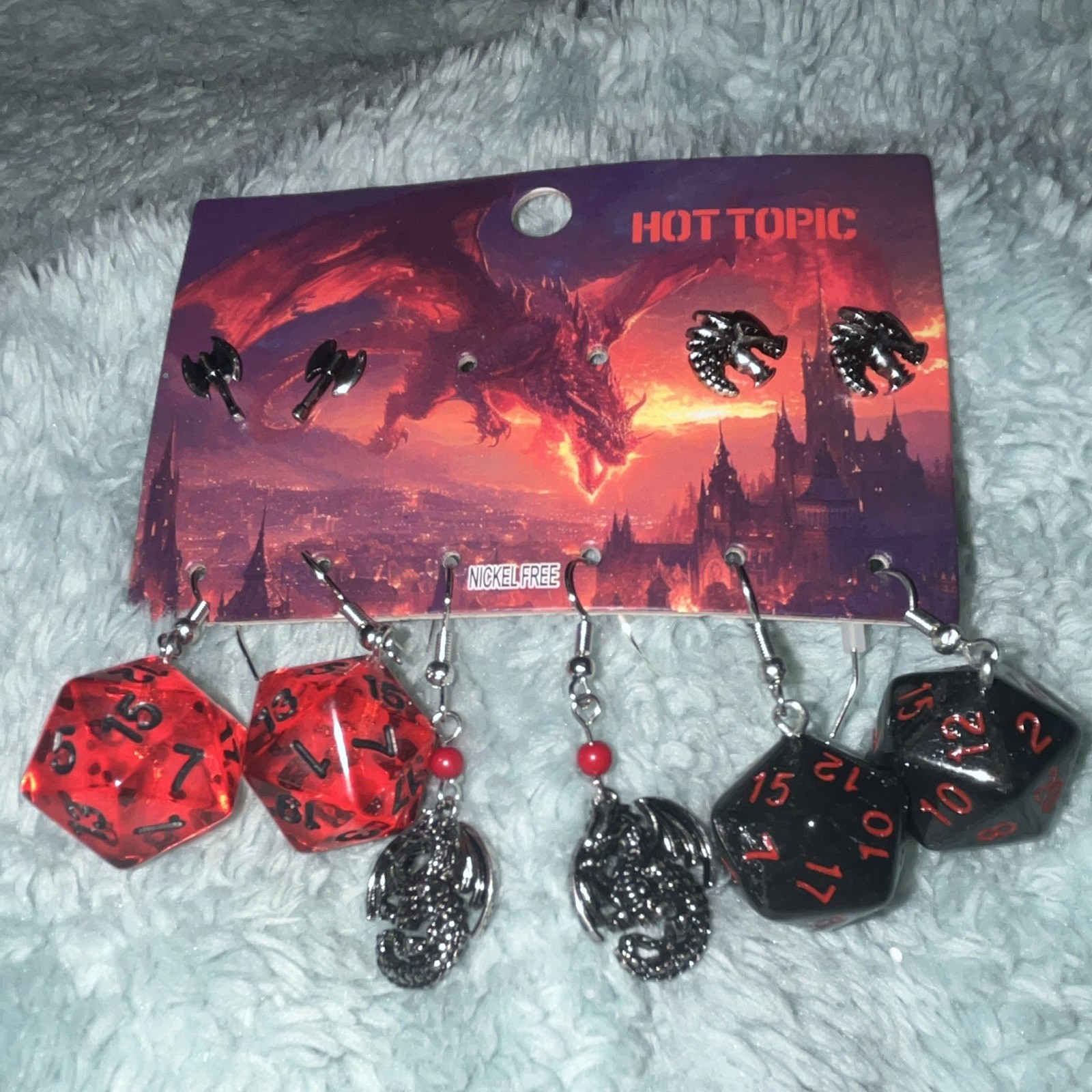 Hot Topic Nickel-Free Fantasy Dragon & D20 Dice Dangle and Stud Earrings Set (5)