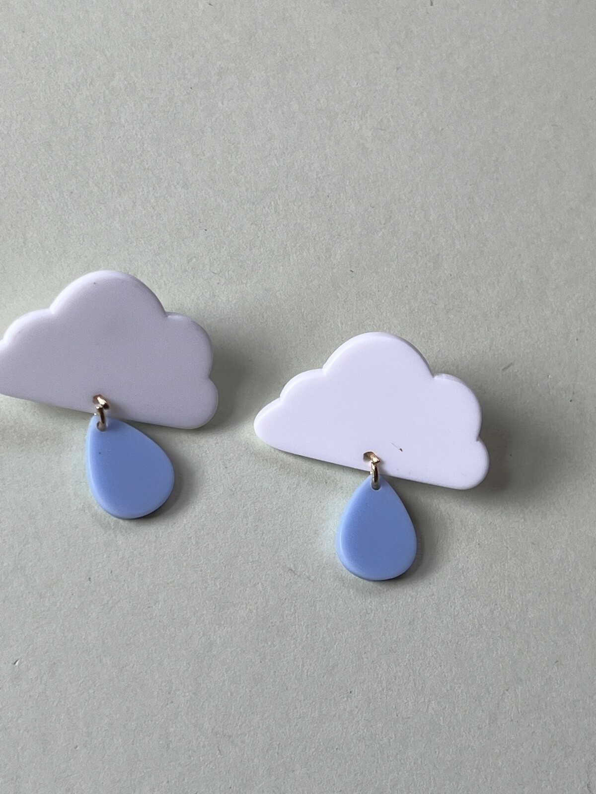 White Plastic Cloud w Light Blue Teardrop Raindrop Dangle Post Earrings for Pier