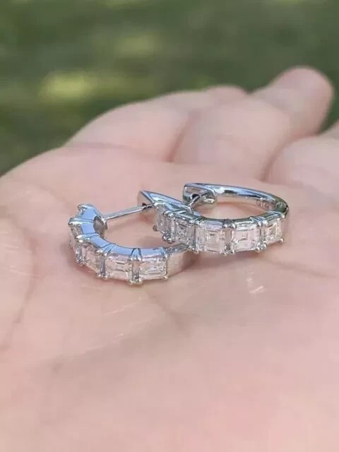 3 Ct Princess Cut Simulated Diamond Women’s Hoop Earrings 14k White Gold Plated