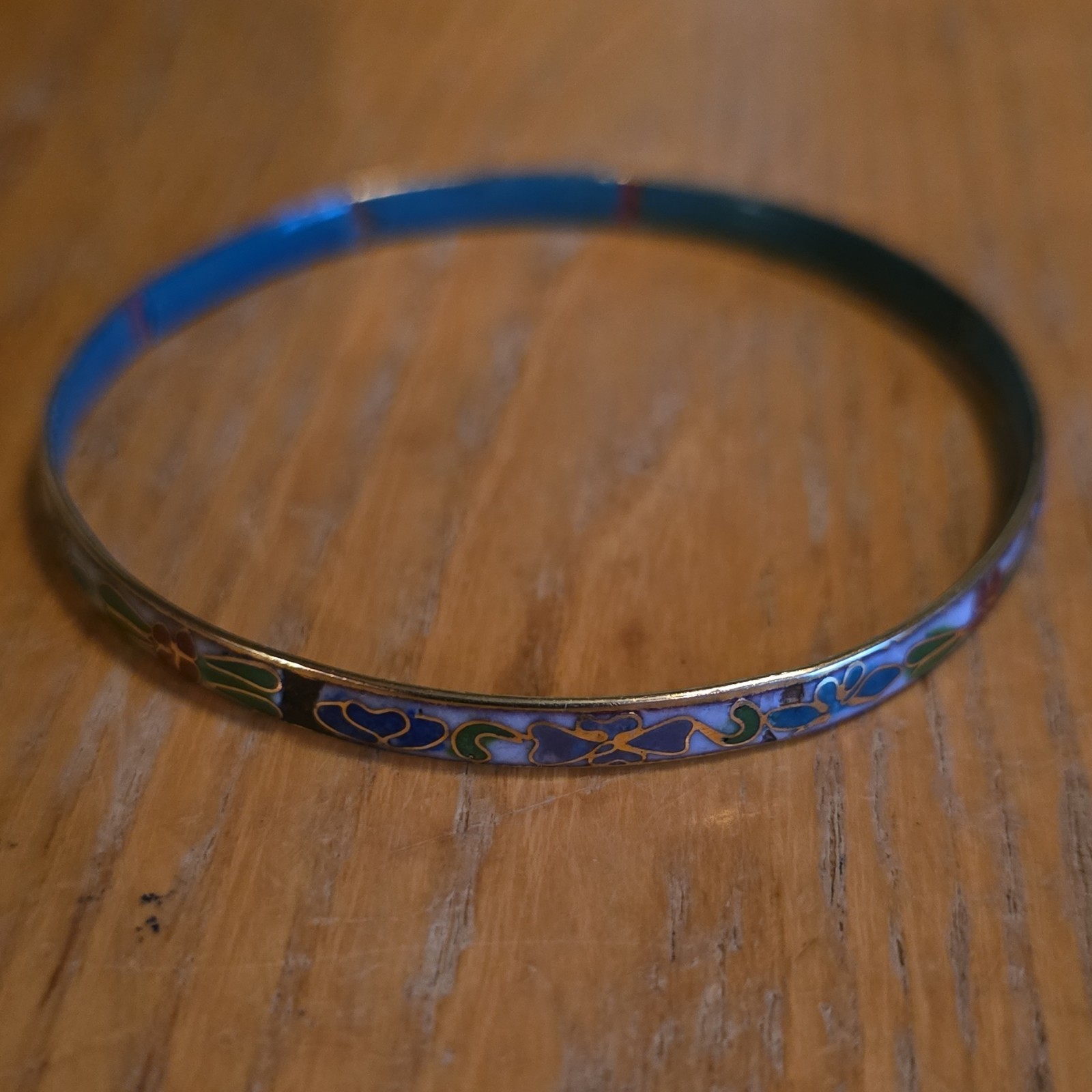 Blue Multicolor Enamel Metal Floral Bangle Bracelet Round No Stone