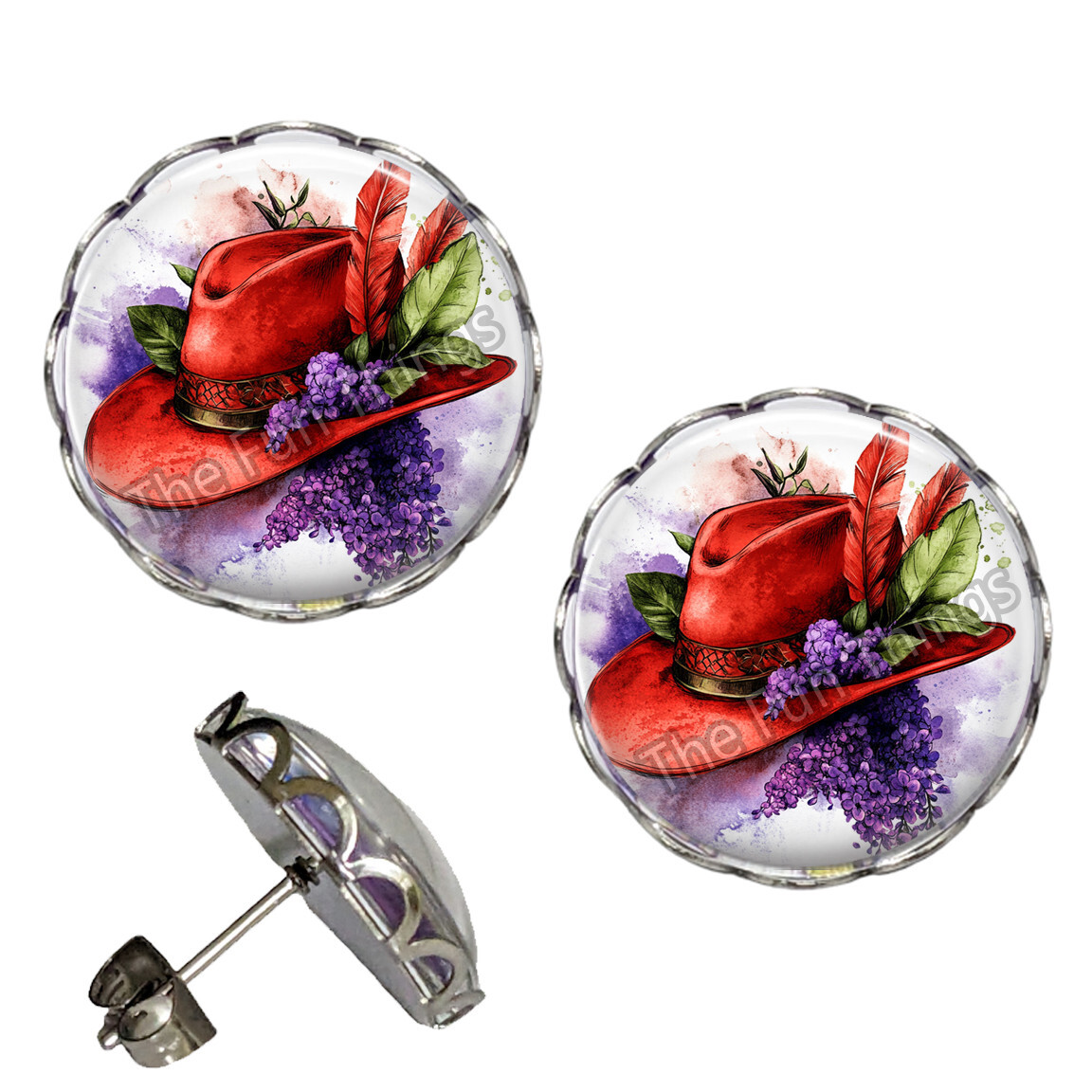 Lilac Flowers & Red Hat Earrings Scalloped Edge Stud Earrings Handcrafted Gifts