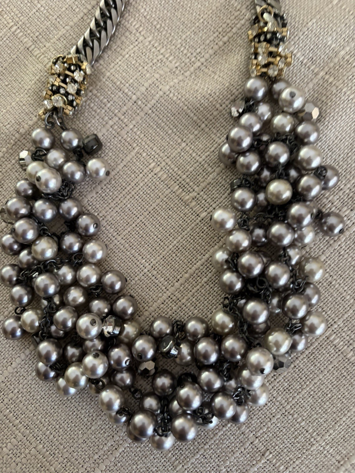 Kenneth Cole Gray Faux Pearl Cluster Bib Necklace Rhinestone Gunmetal Chain