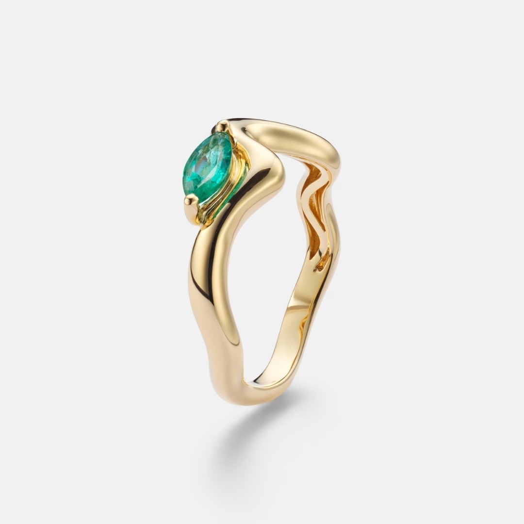 Marquise Emerald Ring Gold Vermeil Wave Ring Organic Statement Ring Gift
