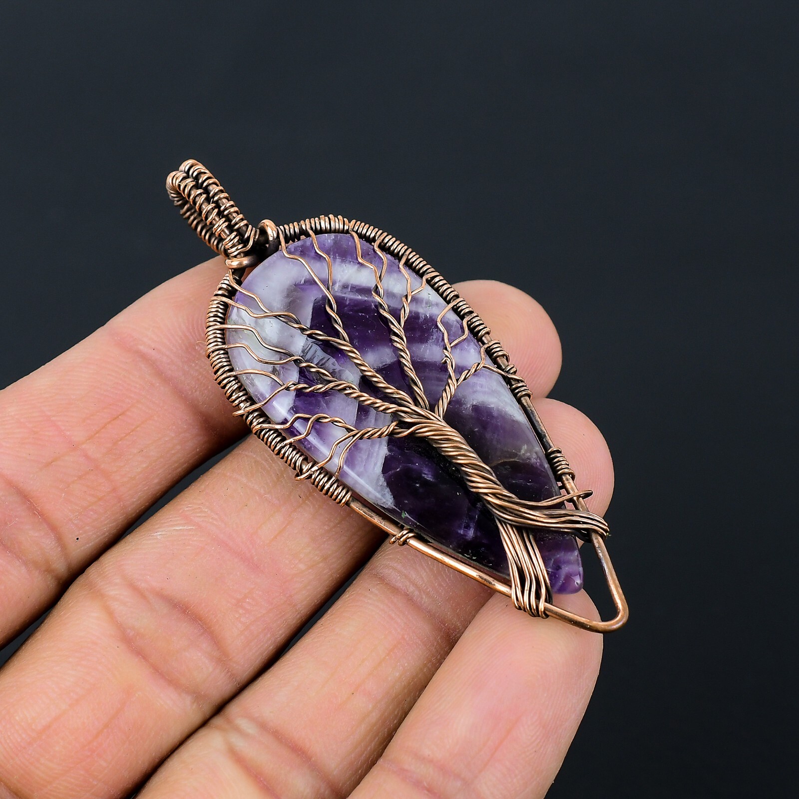 Tree of Love Amethyst Lace Agate Gemstone Copper Wire Pendant Jewelry NP-013