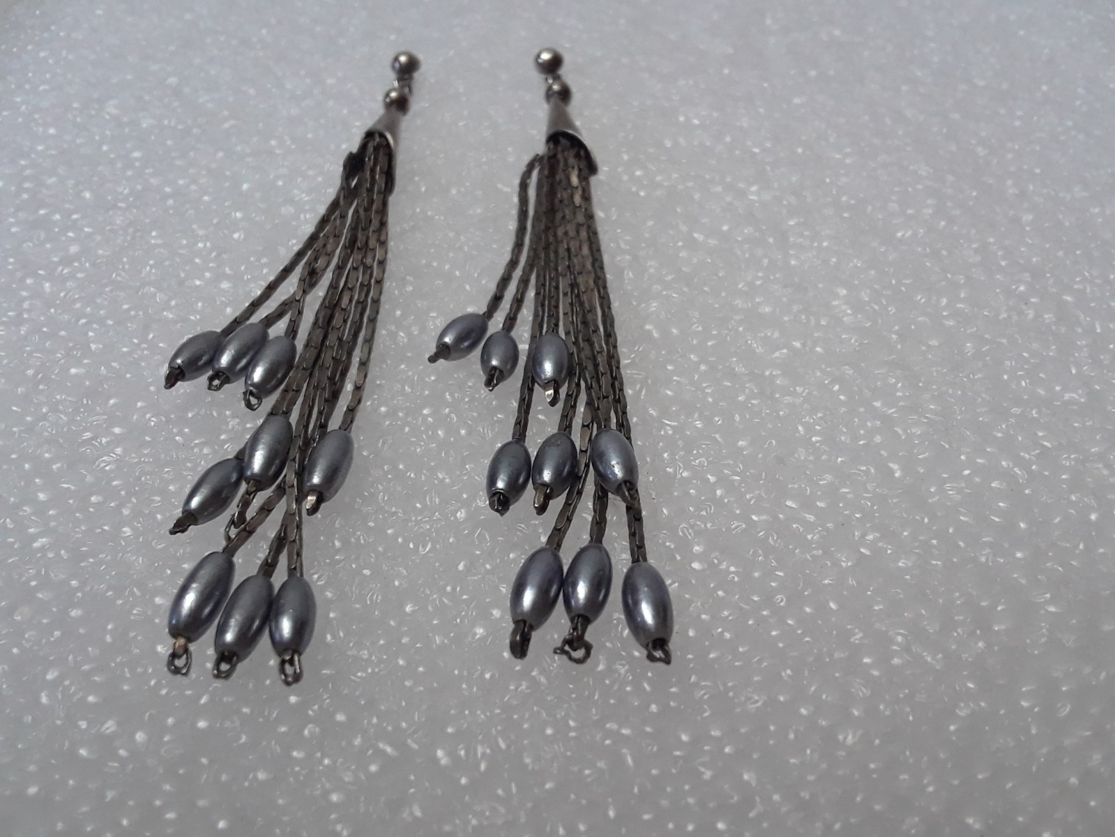 Silver Tone Long Dangle Drop Down Beaded Multiple Strand Earrings 3.25 in